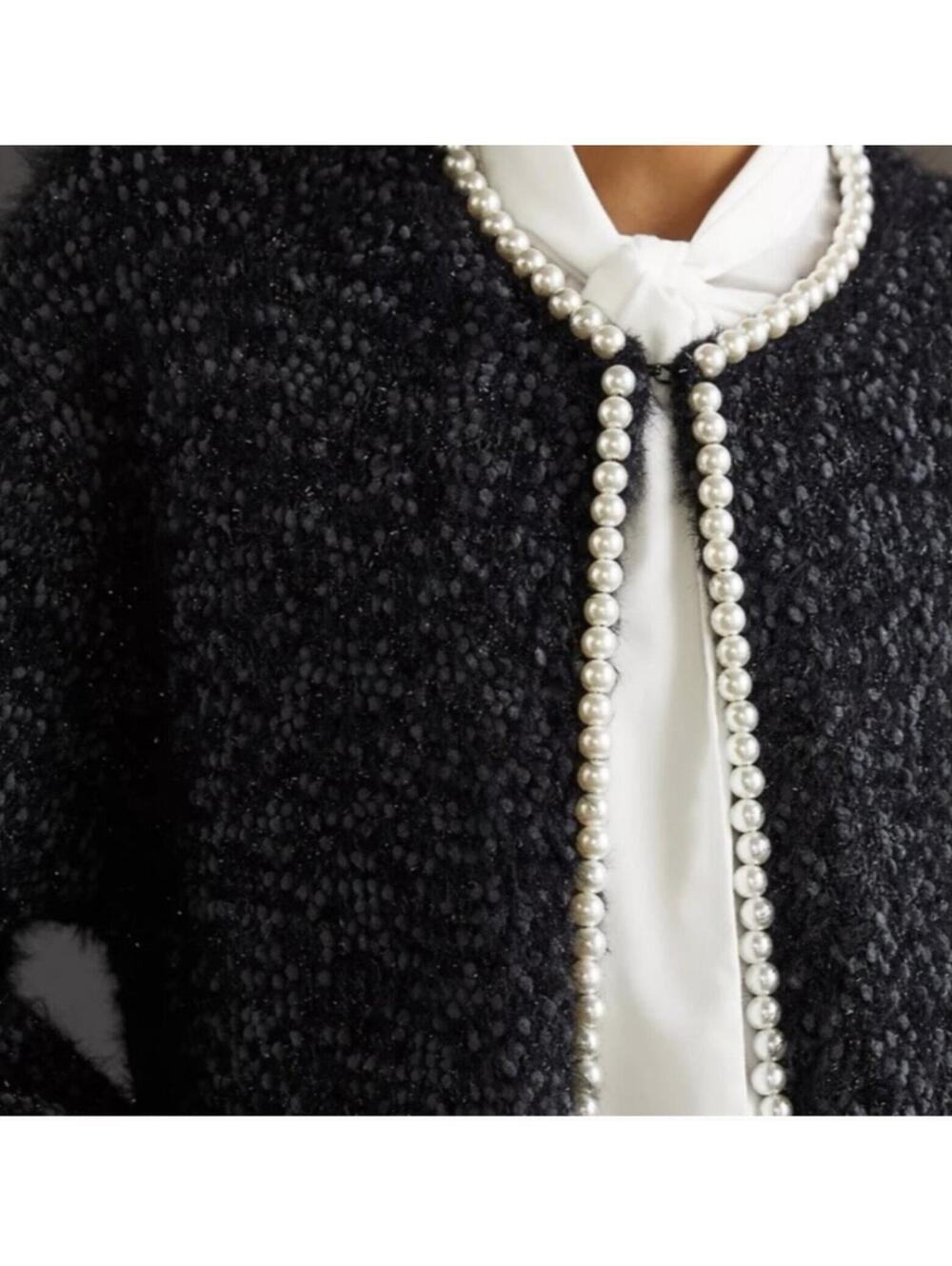 Anthropologie Mauve Pearl-trimmed  black bouclé cardigan